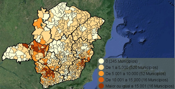 Mapa do Estado de Minas Gerais com municípios classificados segundo a produção de café em 2011