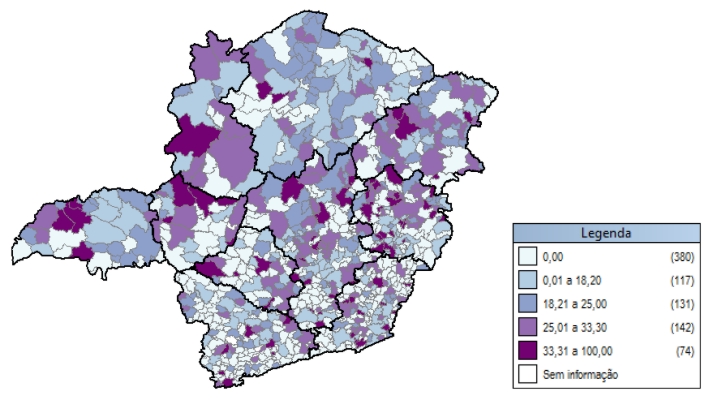 Mapa do Estado de Minas Gerais com municípios classificados segundo o percentual de assistentes sociais em relação ao total de trabalhadores no Suas em 2010