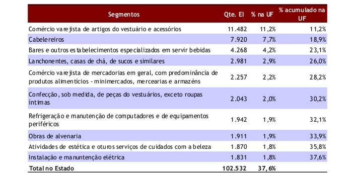 Fonte: SERVIÇO DE APOIO ÀS MICRO E PEQUENAS EMPRESAS — Sebrae. Tabela 2 – EI por principais segmentos de atividade (jul/09 a mai/11). In: ______. Empreendedor individual - Pesquisa e Perfil: junho/2011 - Sebrae/Minas Gerais. Brasília, 2011, p. 27 (adaptado). Disponível em: http://bis.sebrae.com.br/GestorRepositorio/ARQUIVOS_CHRONUS/bds/bds.nsf/5894D4428762F1CE832579100049C6B1/$File/NT00046436.pdf. Acesso em: 14 fev. 2014.