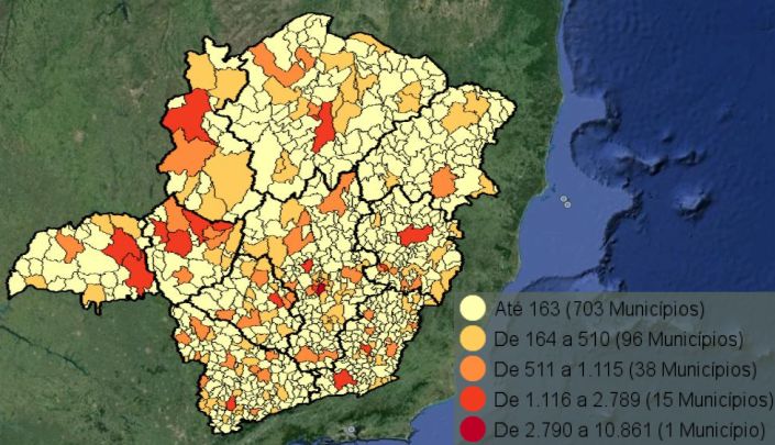 Mapa do Estado de Minas Gerais com municípios classificados segundo o número de ocorrências policiais envolvendo drogas no ano de 2010