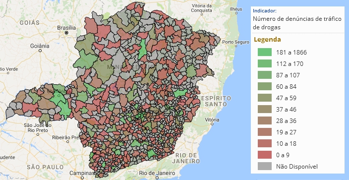 Mapa do Estado de Minas Gerais com municípios classificados segundo o número de denúncias de tráfico de drogas em 2013