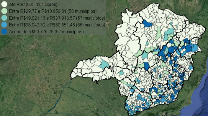 Mapa do Estado de Minas Gerais com municípios classificados segundo os repasses recebidos em razão do ICMS Turístico