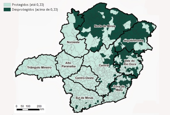 Mapa do Estado de Minas Gerais com municípios classificados segundo o IDS referente ao ano de 2013 Fonte: MINAS GERAIS. Assembleia Legislativa. Diretoria de Processo Legislativo. Gerência-Geral de Consultoria Temática. Fonte primária: ______ . Secretaria de Estado de Desenvolvimento Social. Observatório do Desenvolvimento Social: Índice de Desproteção Social — IDS. Belo Horizonte, 2010 (adaptado). Disponível em: http://www.social.mg.gov.br/index.php/ids.html. Acesso em: 4 mar. 2013.