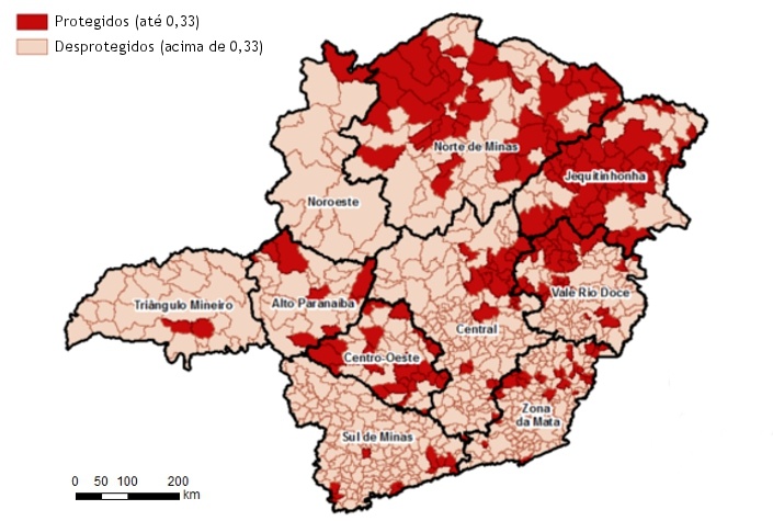 Mapa do Estado de Minas Gerais com municípios classificados segundo o IDS referente ao ano de 2010 Fonte: MINAS GERAIS. Assembleia Legislativa. Diretoria de Processo Legislativo. Gerência-Geral de Consultoria Temática. Fonte primária: ______ . Secretaria de Estado de Desenvolvimento Social. Observatório do Desenvolvimento Social: Índice de Desproteção Social — IDS. Belo Horizonte, 2010 (adaptado). Disponível em: http://www.social.mg.gov.br/index.php/ids.html. Acesso em: 4 mar. 2013.