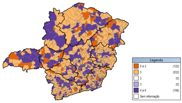 Mapa do Estado de Minas Gerais com municípios classificados segundo o sistema de garantia de direitos atuante em 2010