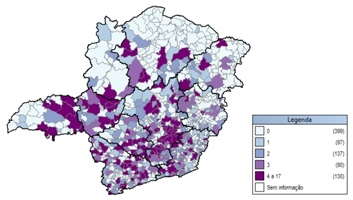 Mapa do Estado de Minas Gerais com municípios classificados segundo a quantidade de tombamentos municipais em 2011