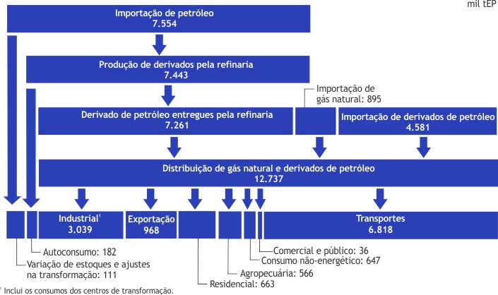Gráfico do fluxo energético das fontes petróleo, gás natural e derivados em Minas Gerais em 2010
