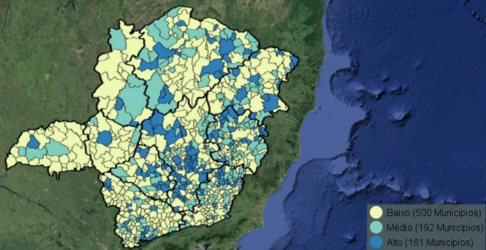 Mapa do Estado de Minas Gerais com os municípios classificados segundo o IMDE referente ao ano de 2010