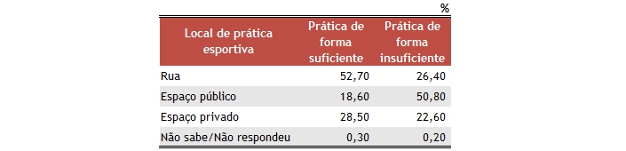 Tabela com percentuais da distribuição do local da prática da atividade física no tempo livre, por nível de atividade física da população de 14 anos ou mais, em Minas Gerais, no ano de 2011