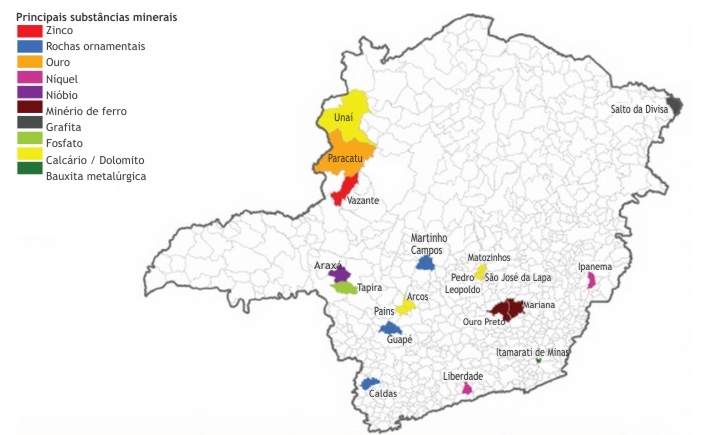 Mapa do Estado de Minas Gerais destacando os municípios onde, em 2005, as principais reservas minerais do estado estavam concentradas