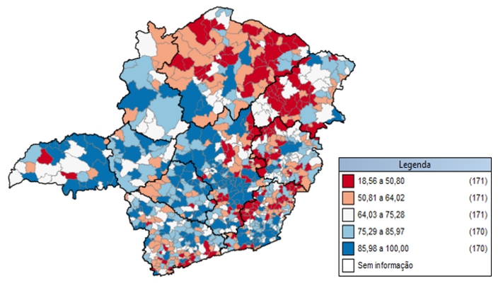 Mapa do Estado de Minas Gerais com municípios classificados segundo o percentual de população urbana em 2010