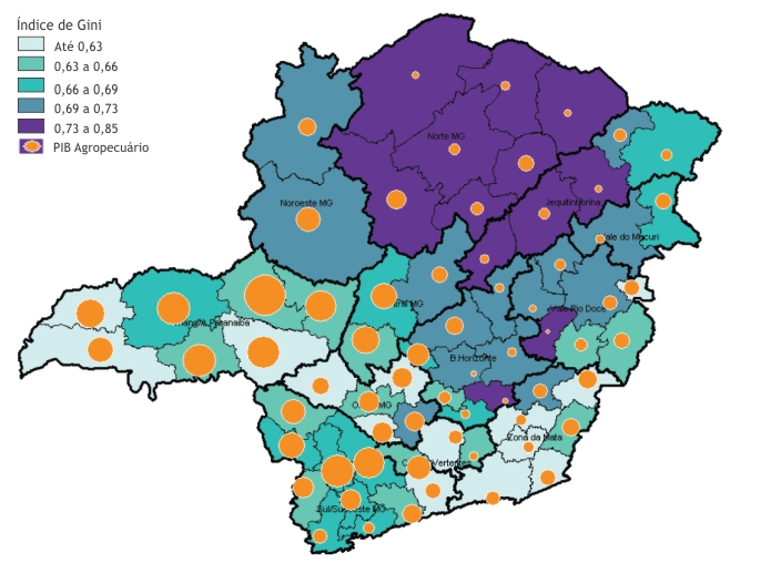 Mapa do Estado de Minas Gerais com microrregiões classificadas segundo a desigualdade de distribuição de terras pelo índice de Gini e o PIB agropecuário.