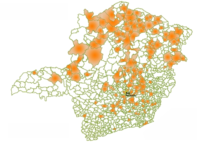 Mapa do Estado de Minas Gerais com municípios com comunidades quilombolas identificadas até 2007 destacados