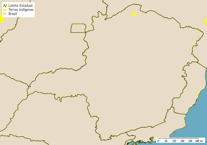Mapa do Estado de Minas Gerais com terras indígenas destacadas, referente a abril de 2013