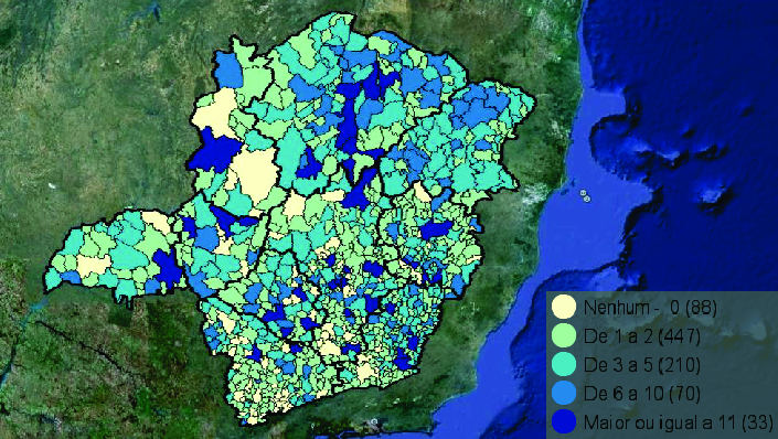 Mapa do Estado de Minas Gerais com municípios classificados segundo o número de odontólogos nas equipes de saúde da família no ano de 2010
