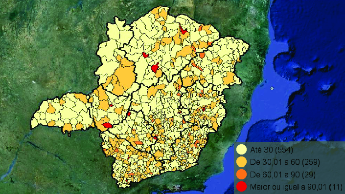 Mapa do Estado de Minas Gerais com municípios classificados segundo a taxa de internação hospitalar de pessoas idosas por fratura do fêmur no ano de 2010