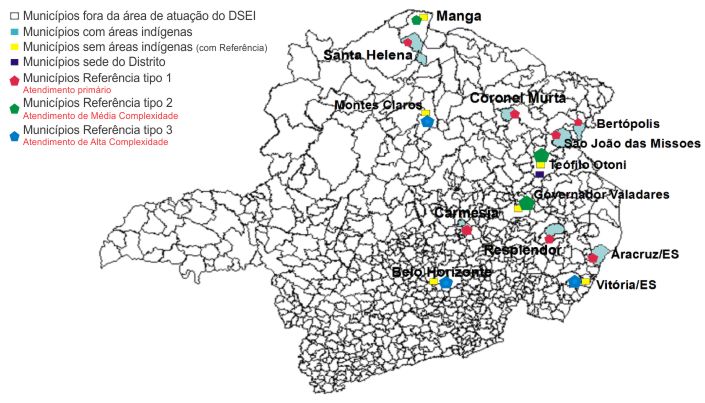 Mapa dos DSEIs no Estados de Minas Gerais e Espírito Santo em 2013