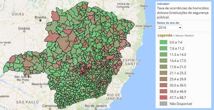 Mapa do Estado de Minas Gerais com municípios classificados segundo a taxa de homicídios dolosos por cem mil habitantes referente ao ano de 2014