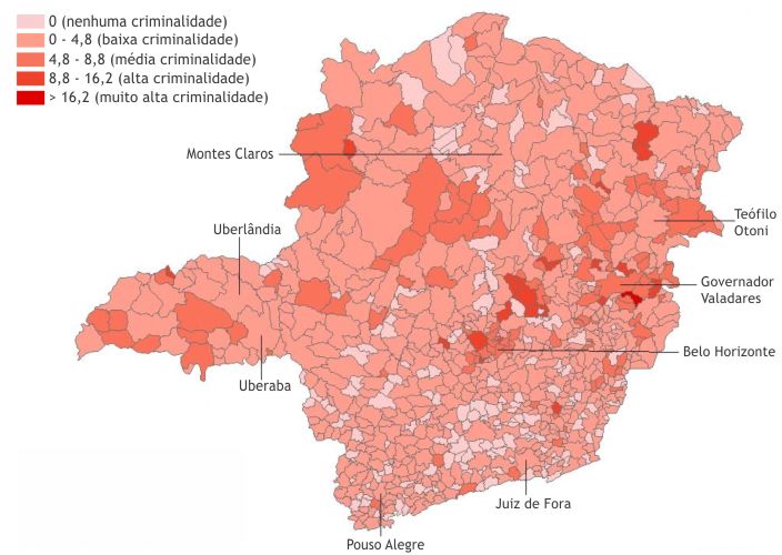 Mapa do Estado de Minas Gerais com municípios classificados segundo a taxa média de crimes violentos contra a pessoa no ano de 2010