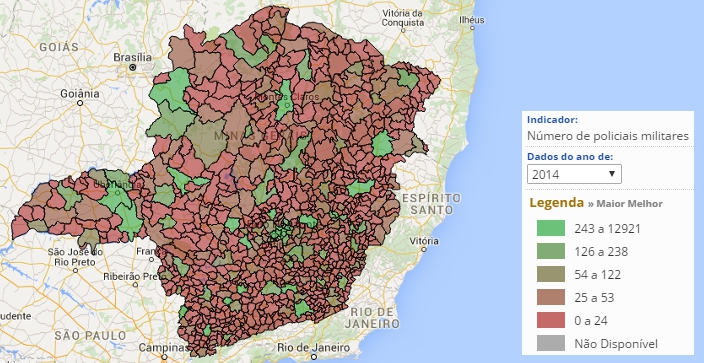 Mapa do Estado de Minas Gerais com municípios classificados segundo o número de Policiais Militares por município em 2014