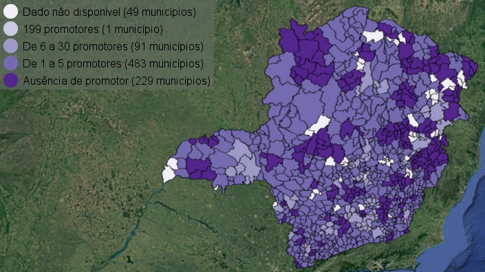 Mapa do Estado de Minas Gerais com municípios classificados segundo o número de promotores de justiça na comarca em 2010
