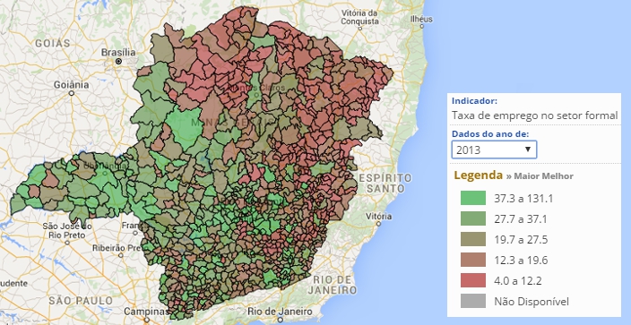 Mapa do Estado de Minas Gerais com municípios classificados segundo a taxa de emprego no setor formal referente ao ano de 2013