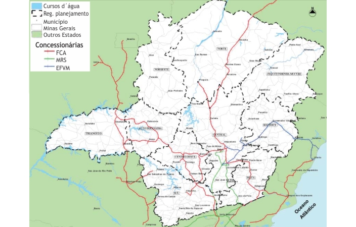 Mapa do Estado de Minas Gerais com os trechos de ferrovias administrados por concessionárias em destaque