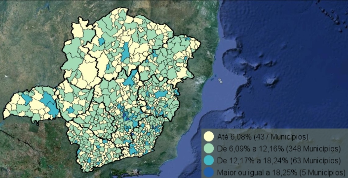 Mapa do Estado de Minas Gerais com municípios graduados segundo a proporção de estabelecimentos formais classificados como Serviço Intensivo em Conhecimento no ano de 2010