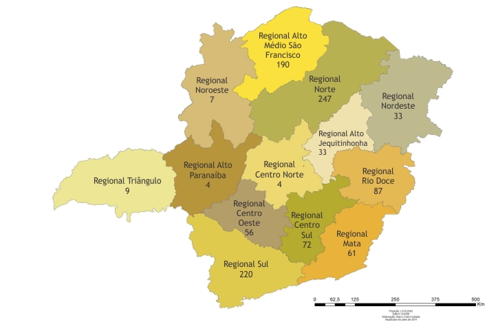 Mapa do Estado de Minas Gerais com a distribuição das propostas favoráveis do Programa Bolsa Verde por escritórios regionais do IEF para o ano de 2010