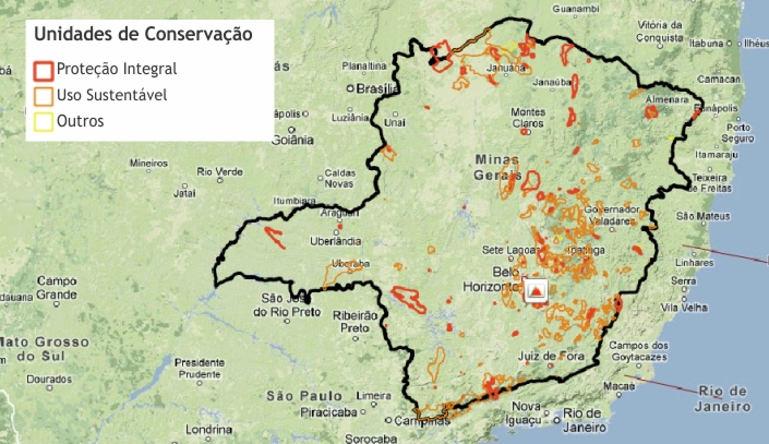 Mapa do Estado de Minas Gerais com a representação das unidades de conservação federais e estaduais